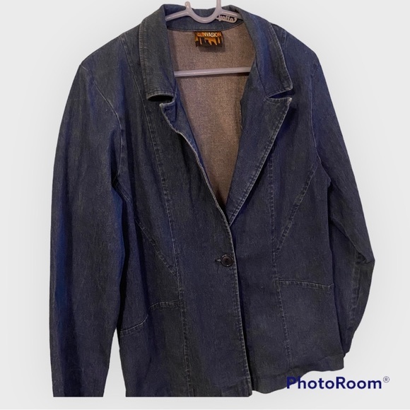Jean Blazer Jacket Polyester Elastic Blue Demi size XL - Picture 2 of 10